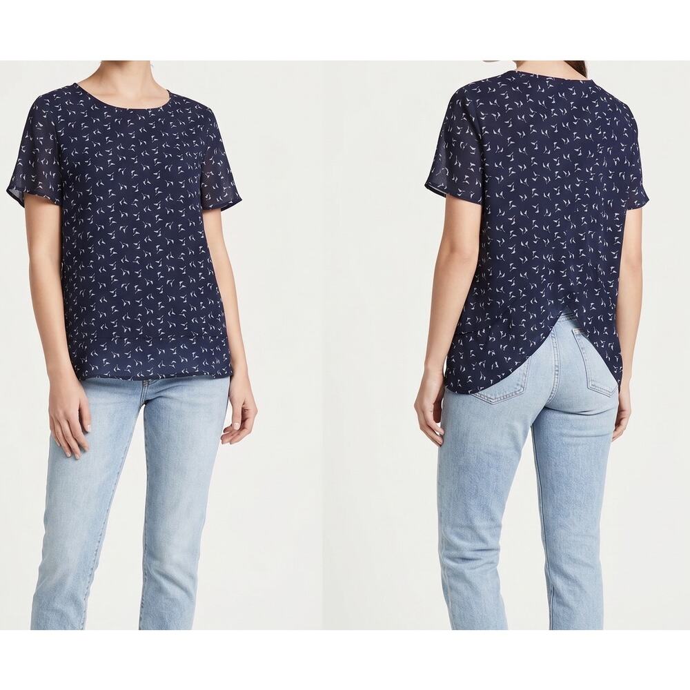 LOFT Crossover Back Navy Blue Blouse Medium Short Sleeve 100% Polyester